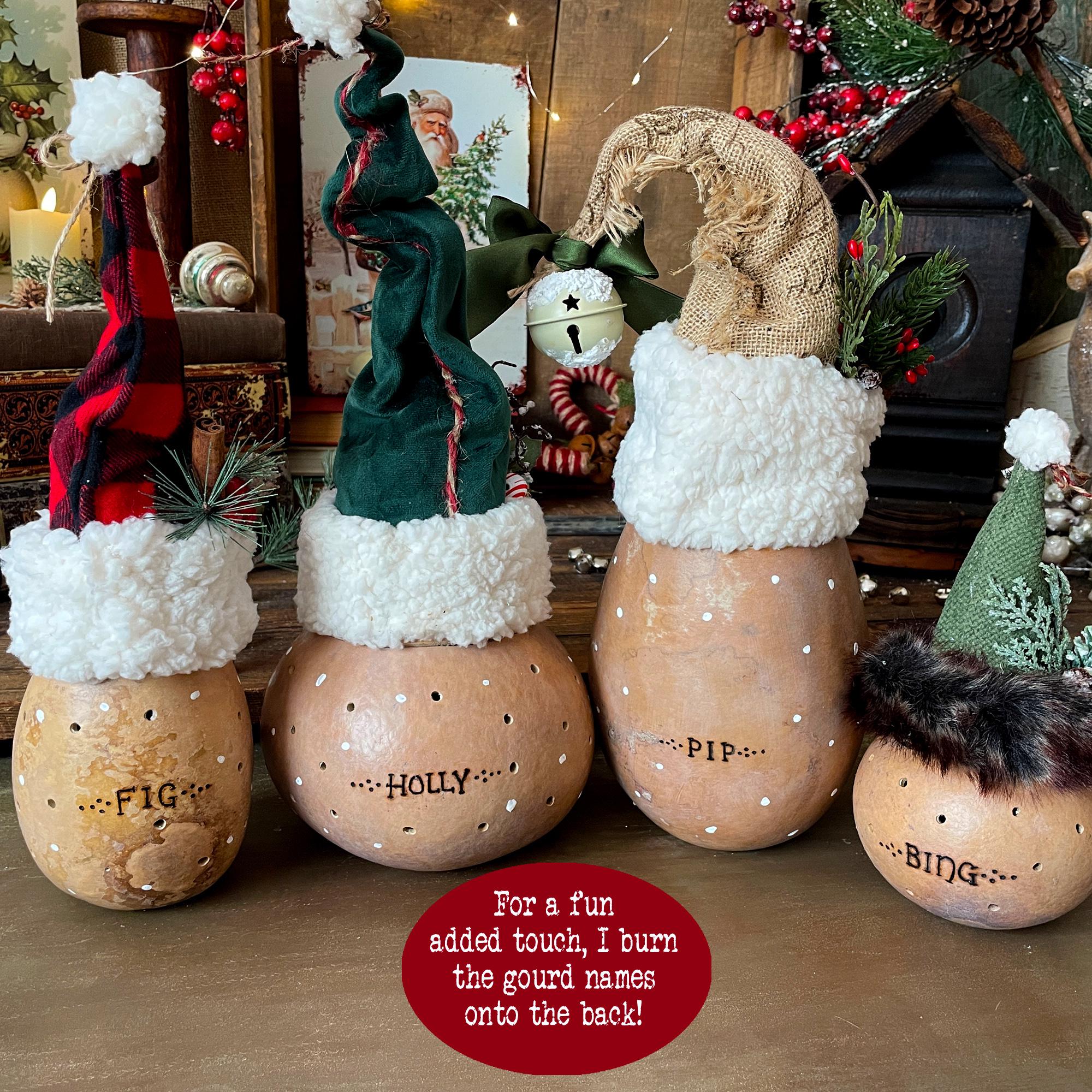 Decorative gourds with names on a rustic background