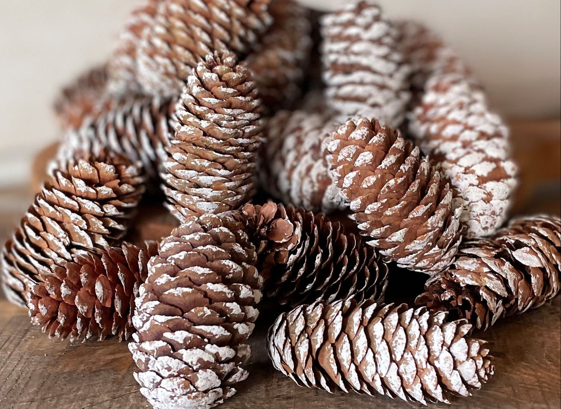 Stack of pinecones with a snowy texture on a wooden surface, featuring the website 'www.boutiquebarn.net'.
