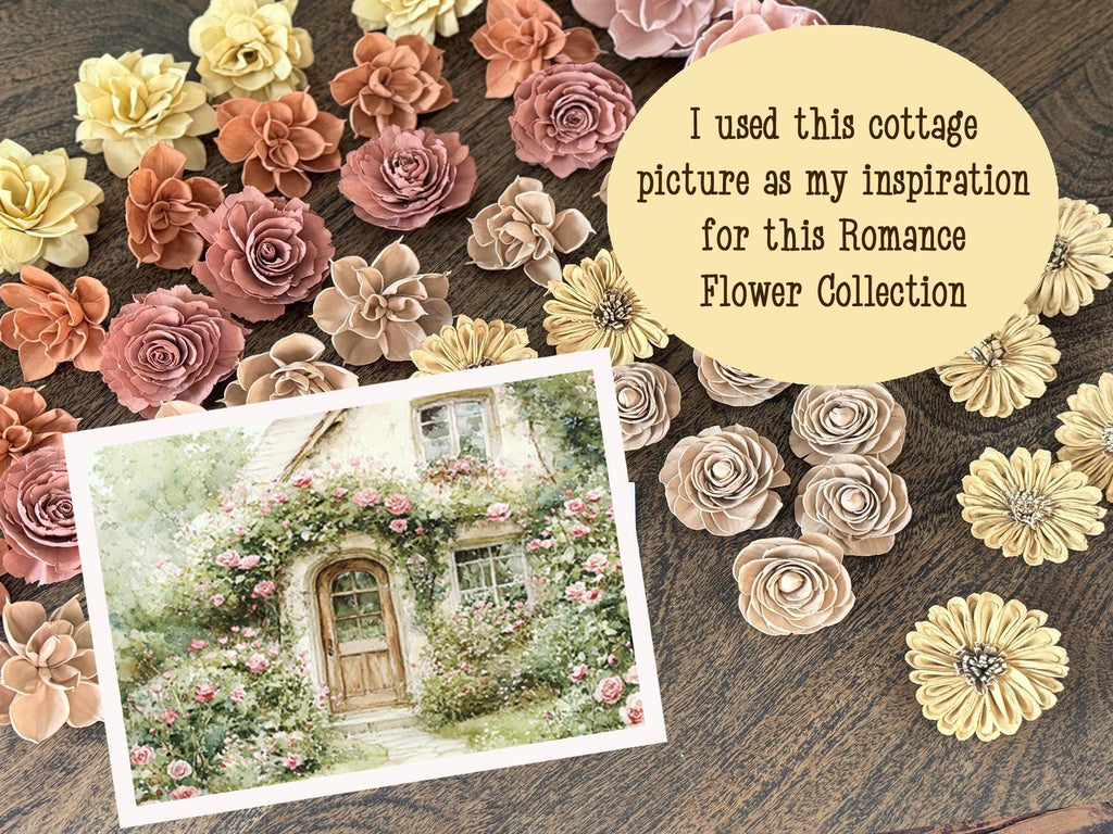 Romance Flower Collection with a cottage picture on a wooden surface