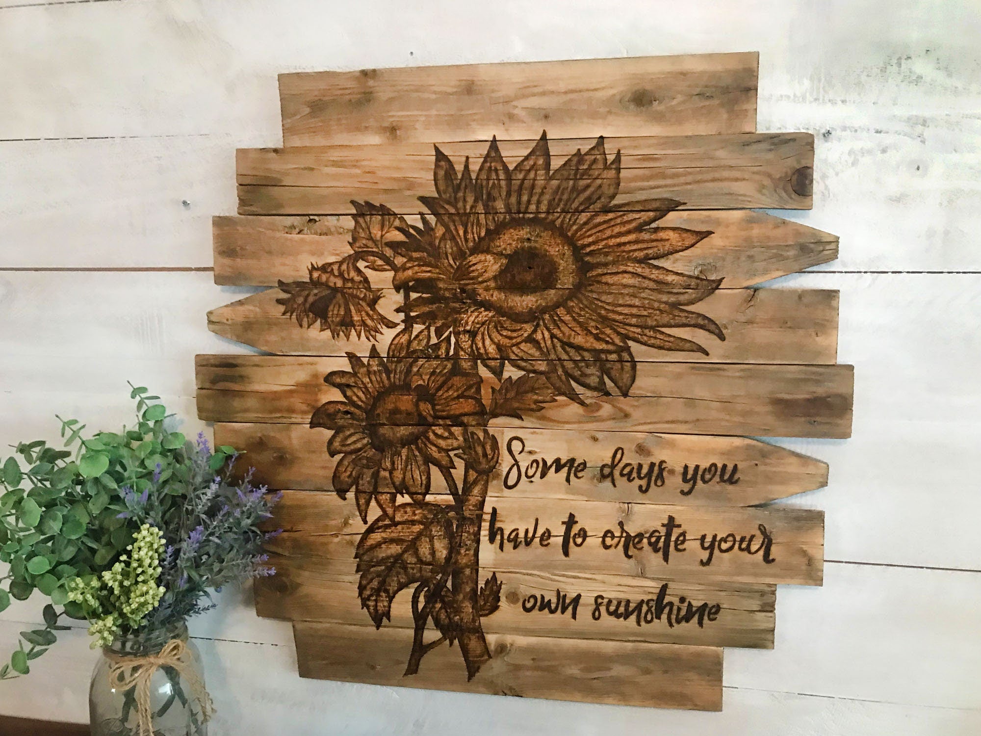 Sunflower Wall Art – Rustic Boho Wood Wall Hanging with “Create Your Own Sunshine” Quote
