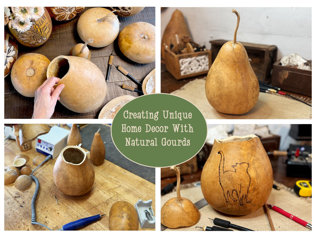 Collage of gourds being used for home decor with text 'Creating Unique Home Decor With Natural Gourds'.