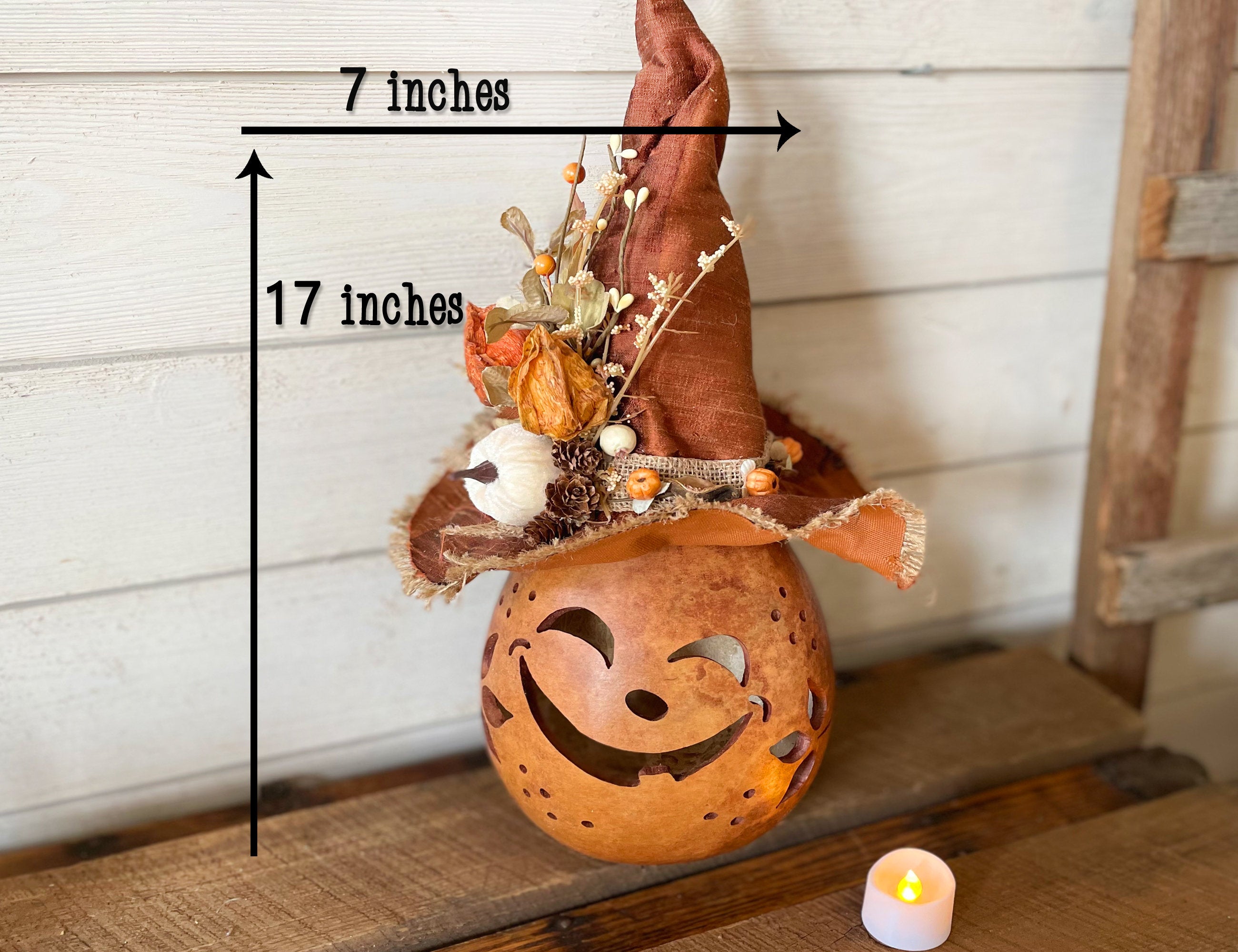 Beatrice – Whimsical Pumpkin Witch Gourd with Autumn Hat | Lighted Fall Luminary