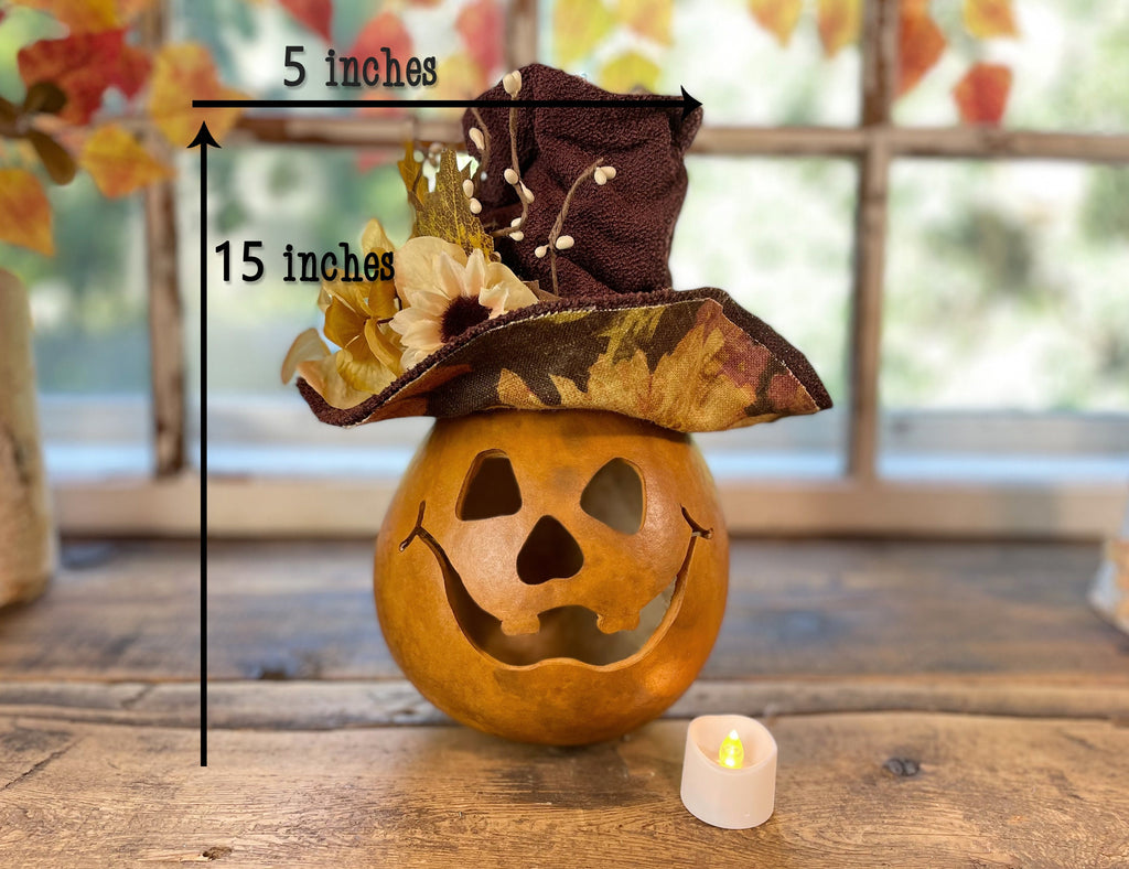 Briar – Happy Pumpkin Gourd with Autumn Hat | Handmade Lighted Fall Luminary