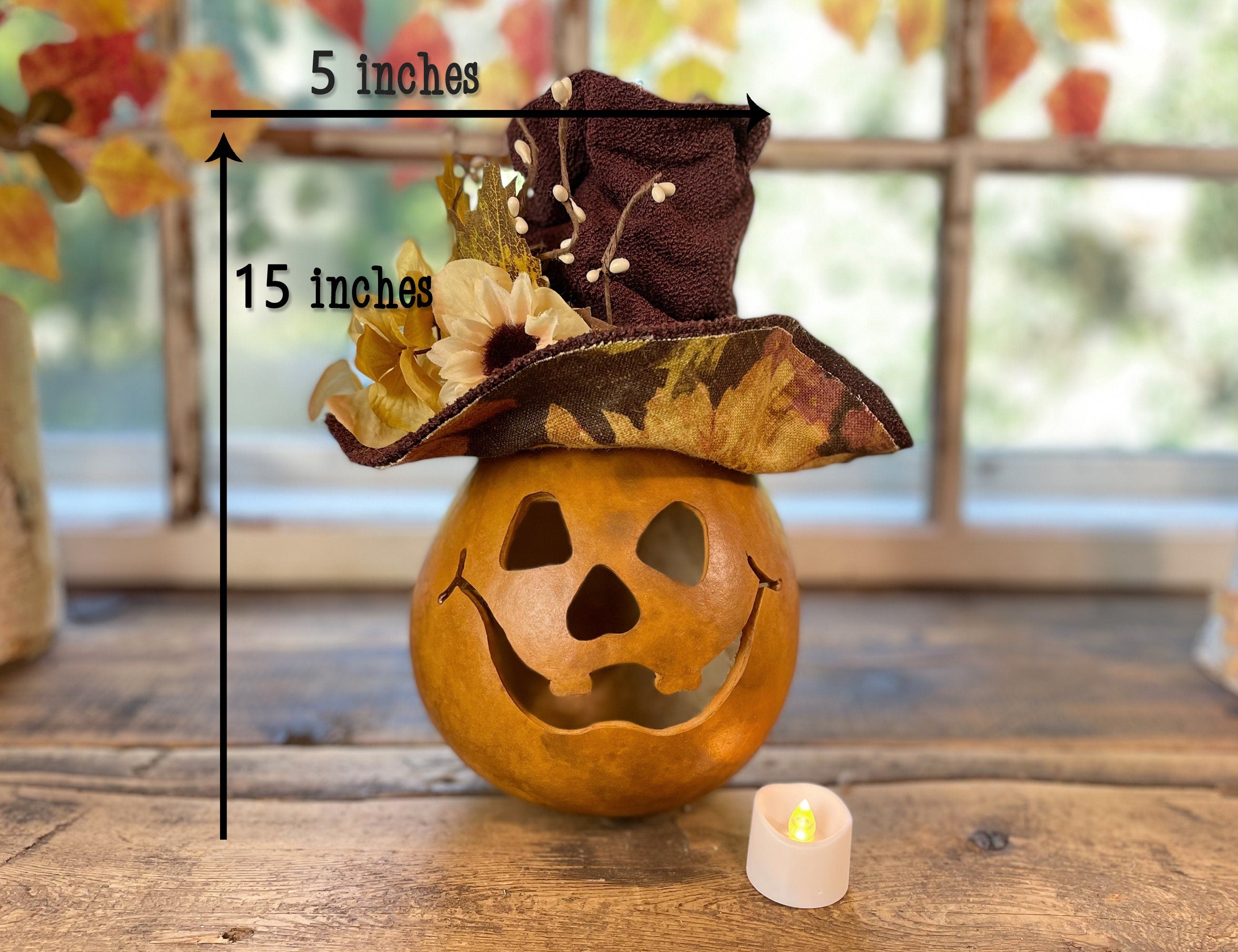 Briar – Happy Pumpkin Gourd with Autumn Hat | Handmade Lighted Fall Luminary