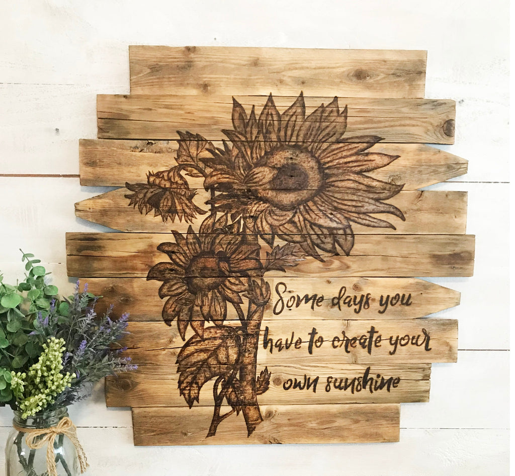 Sunflower Wall Art – Rustic Boho Wood Wall Hanging with “Create Your Own Sunshine” Quote