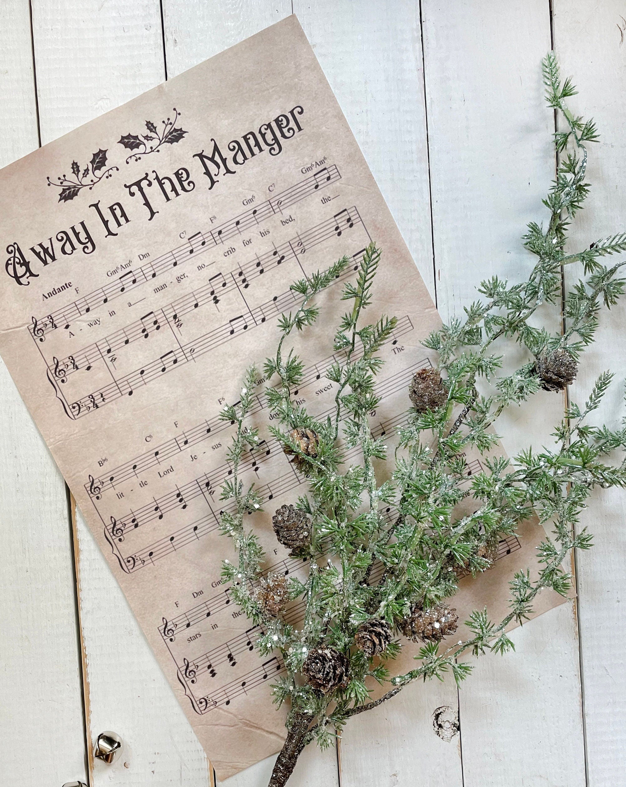 Sheet music with decorative branches and pinecones on a wooden surface