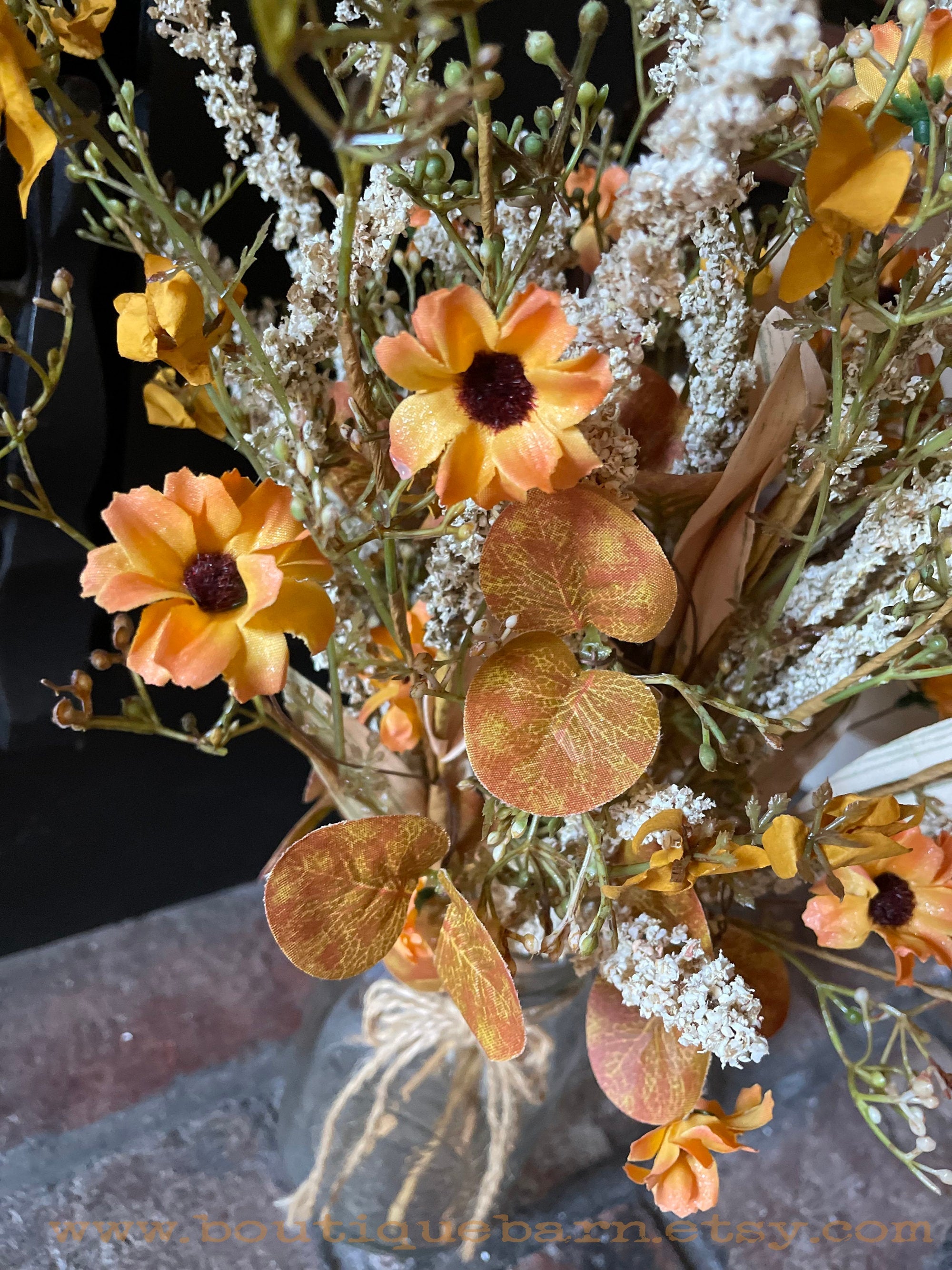 Faux Flowers, Wildflower Spray With Gold Daisies and Heather, Artificial Flowers For Your Rustic Centerpiece, Fall Foliage Arrangement