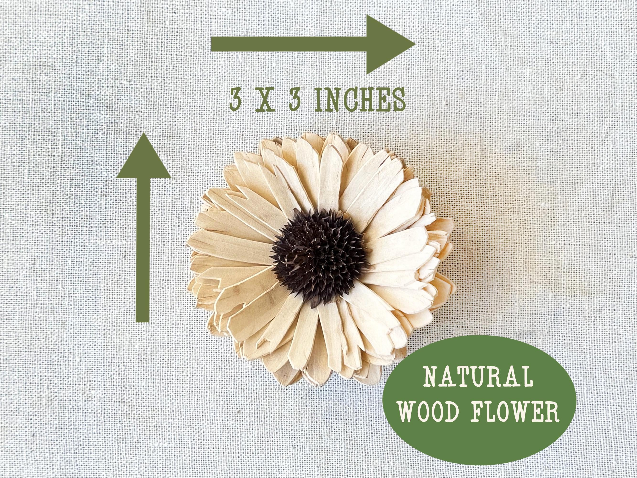 Natural wood flower with size indication and brand name on a textured background