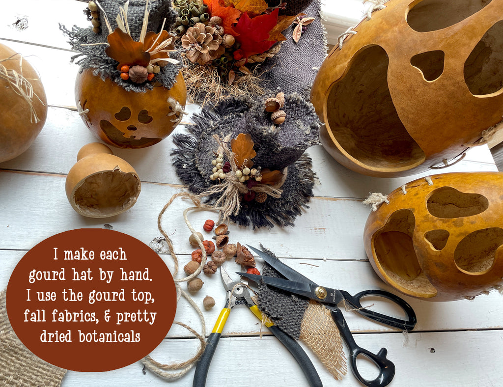 Gourd decorations with fabric and botanicals on a wooden surface, accompanied by text about gourd hat making.