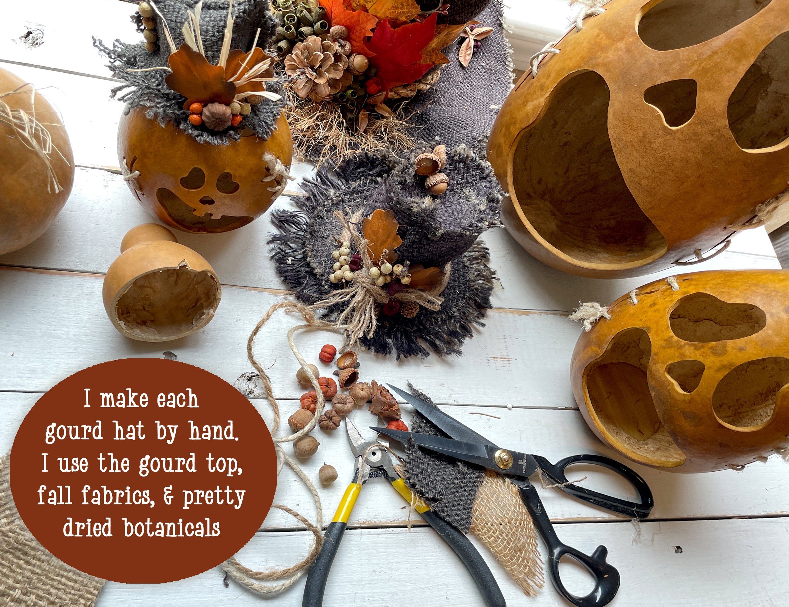 Gourd decorations with fabric and botanicals on a wooden surface, accompanied by text about gourd hat making.