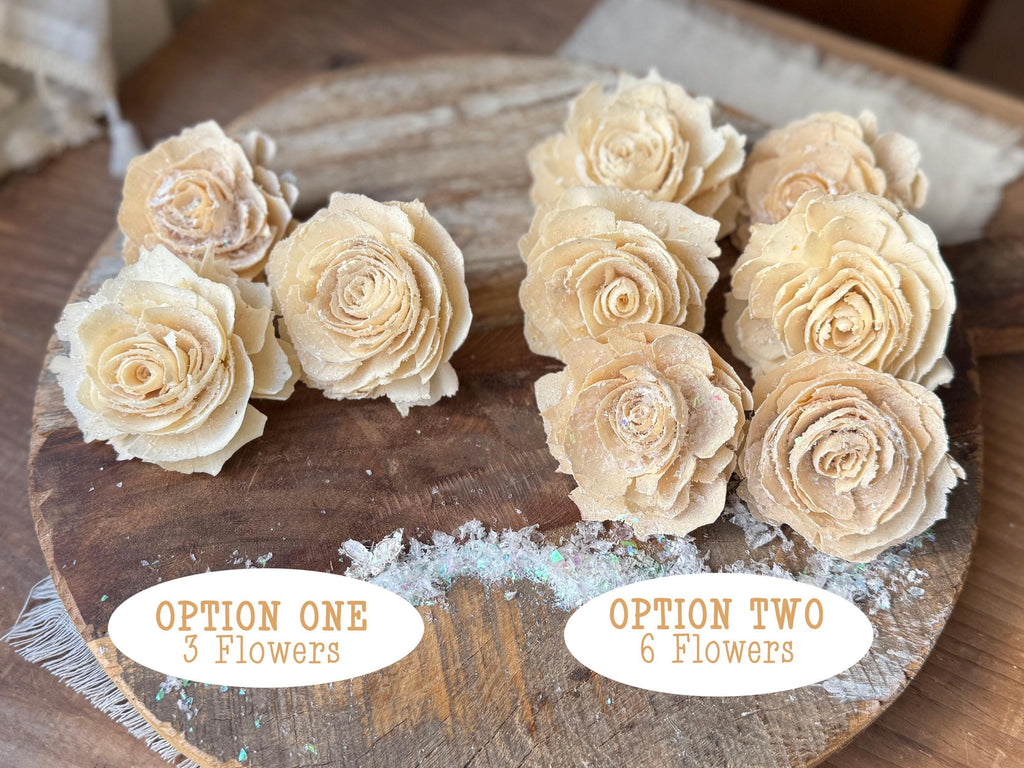 Decorative flowers on a wooden board with options labeled '3 Flowers' and '6 Flowers'.