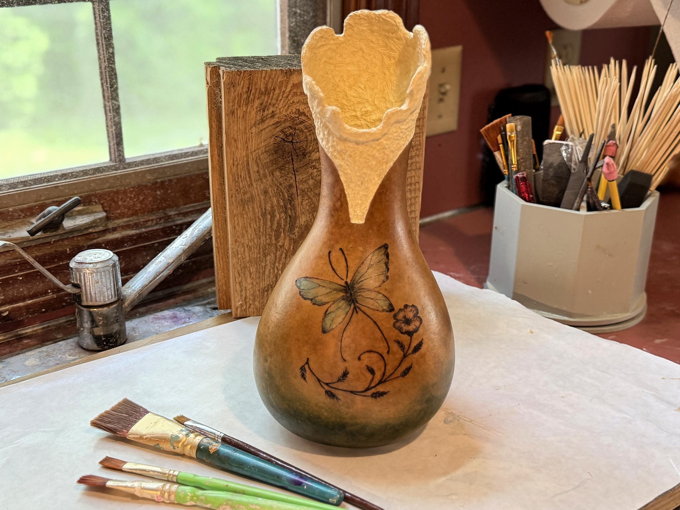 Handcrafted Green Gourd Vase with Butterfly – Rustic Natural Home Décor