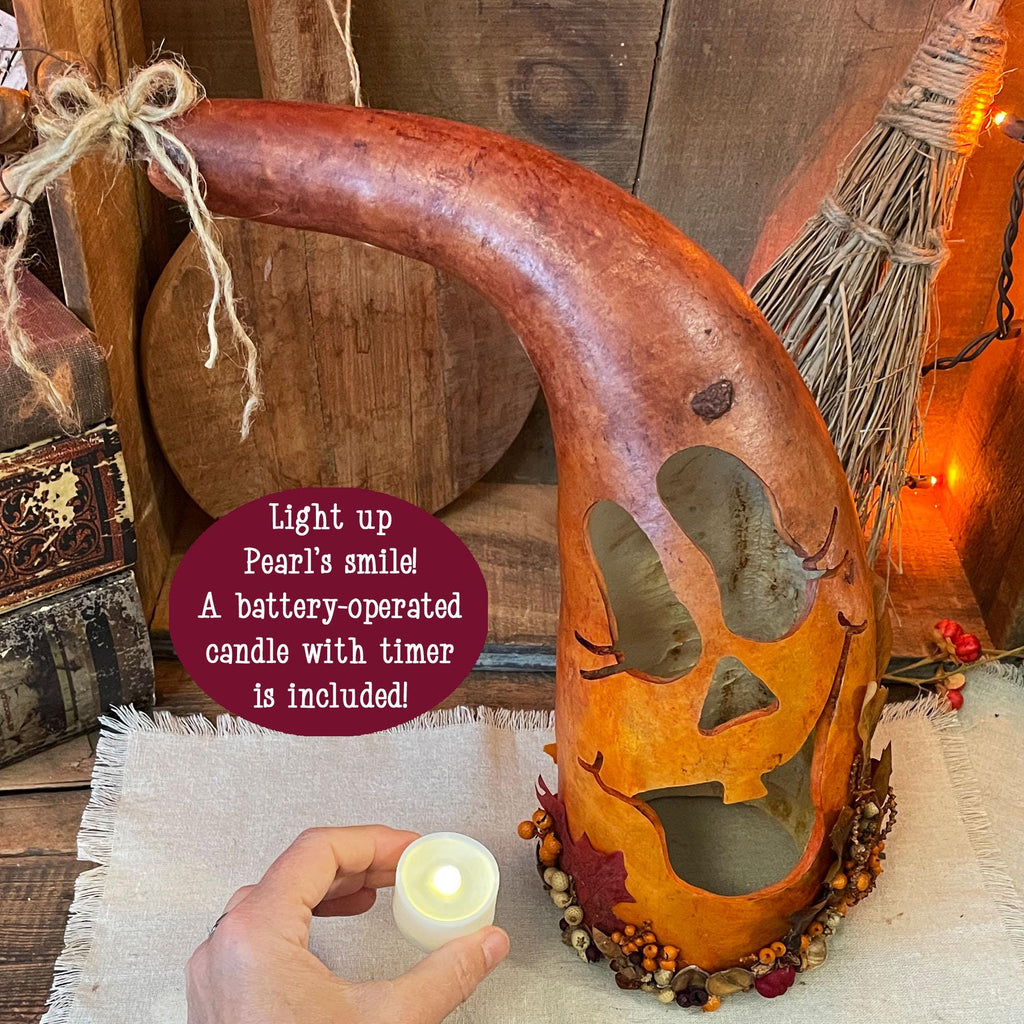 Pearl – Whimsical Hand Carved Pumpkin Gourd with Candle Light