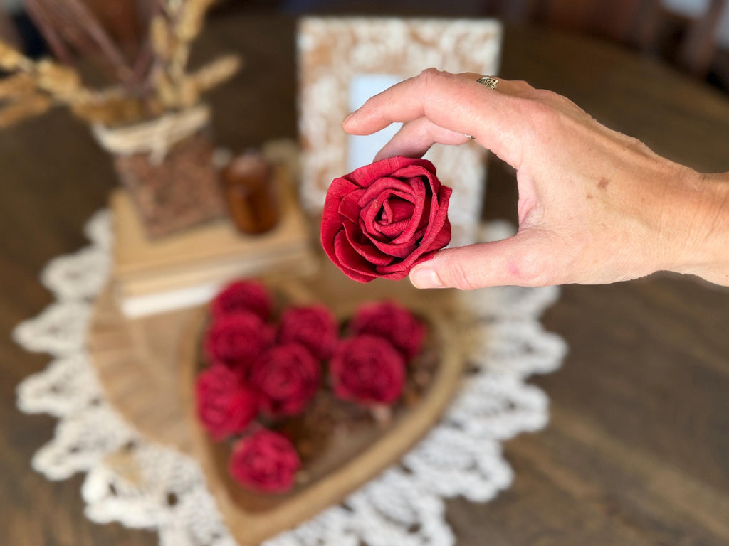 Hand holding a red rose with a heart-shaped arrangement of roses in the background.