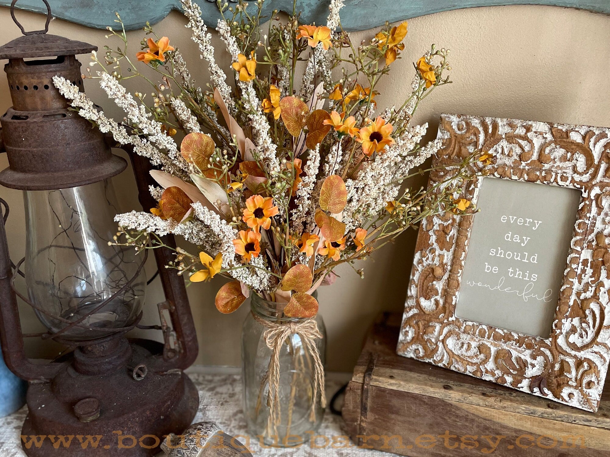 Faux Flowers, Wildflower Spray With Gold Daisies and Heather, Artificial Flowers For Your Rustic Centerpiece, Fall Foliage Arrangement
