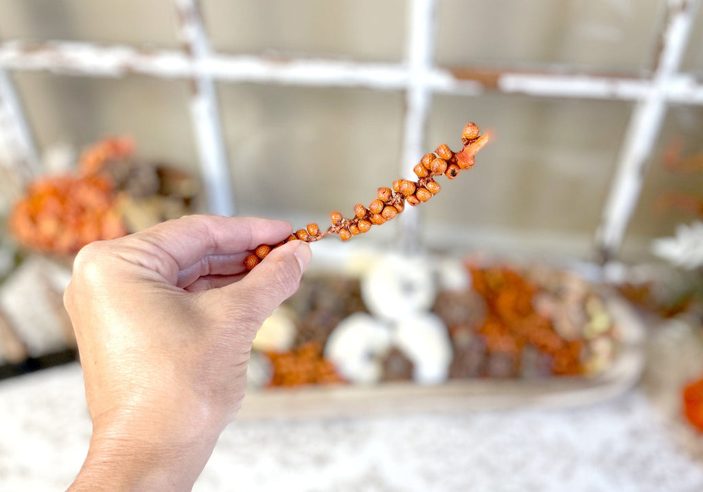 Hand holding a decorative twig with orange berries against a blurred background
