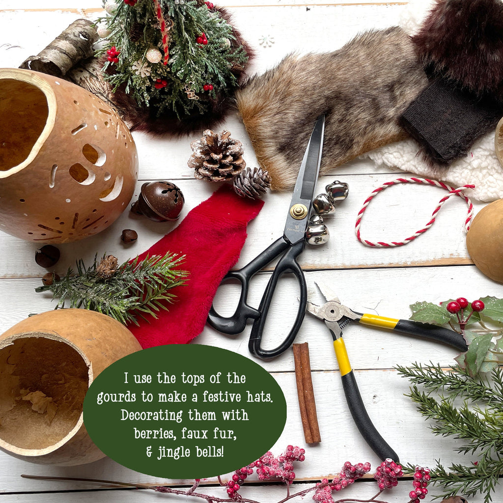 Crafting materials and tools on a wooden surface with decorative elements.