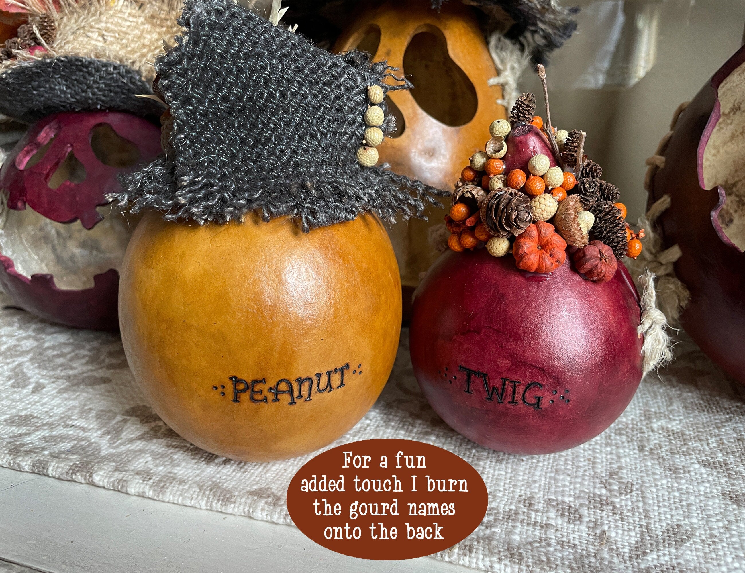 Decorative gourds with names 'Peanut' and 'Twig' on a textured surface.