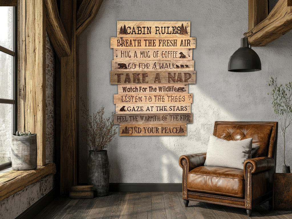 Wooden sign with 'Cabin Rules' on a wall next to a leather armchair.