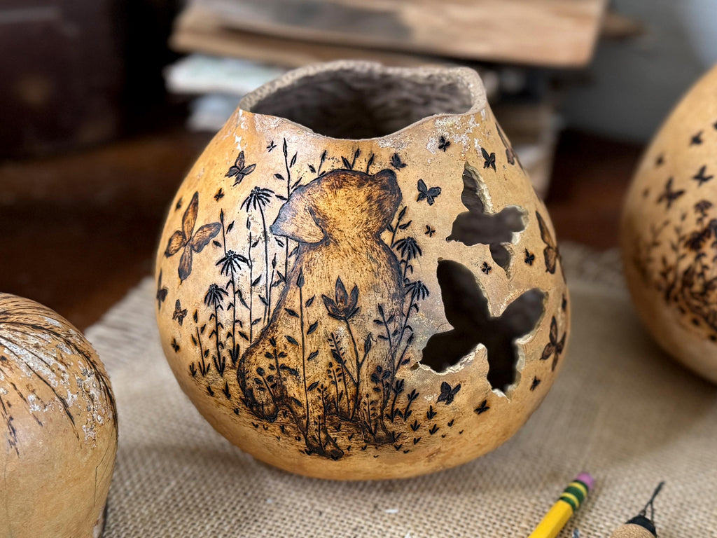 Personalized Dog Gift – Handcrafted Gourd Light Table Centerpiece with Butterfly Artwork