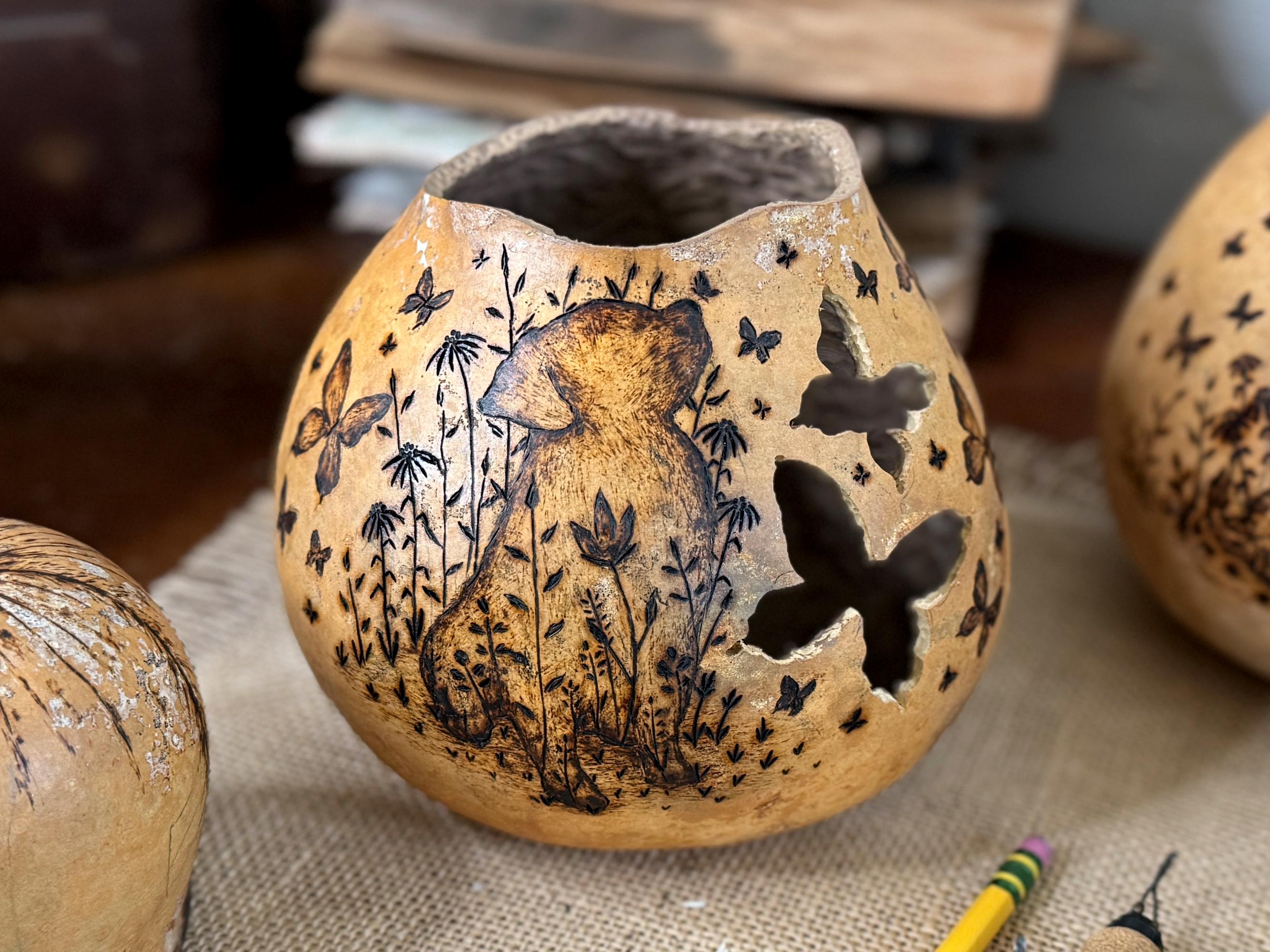 Personalized Dog Gift – Handcrafted Gourd Light Table Centerpiece with Butterfly Artwork