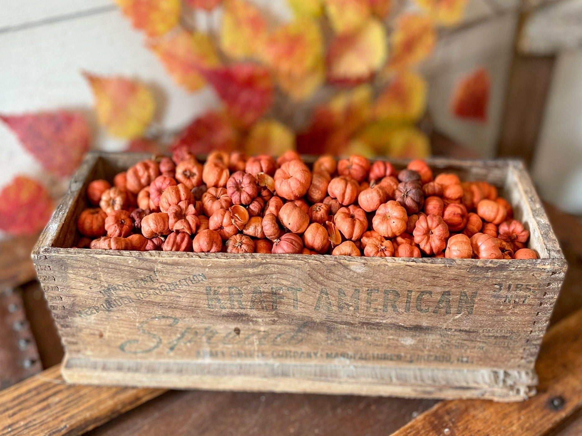 Wooden crate filled with orange decorative pumpkin pods on a wooden surface with fall leaves in the background.