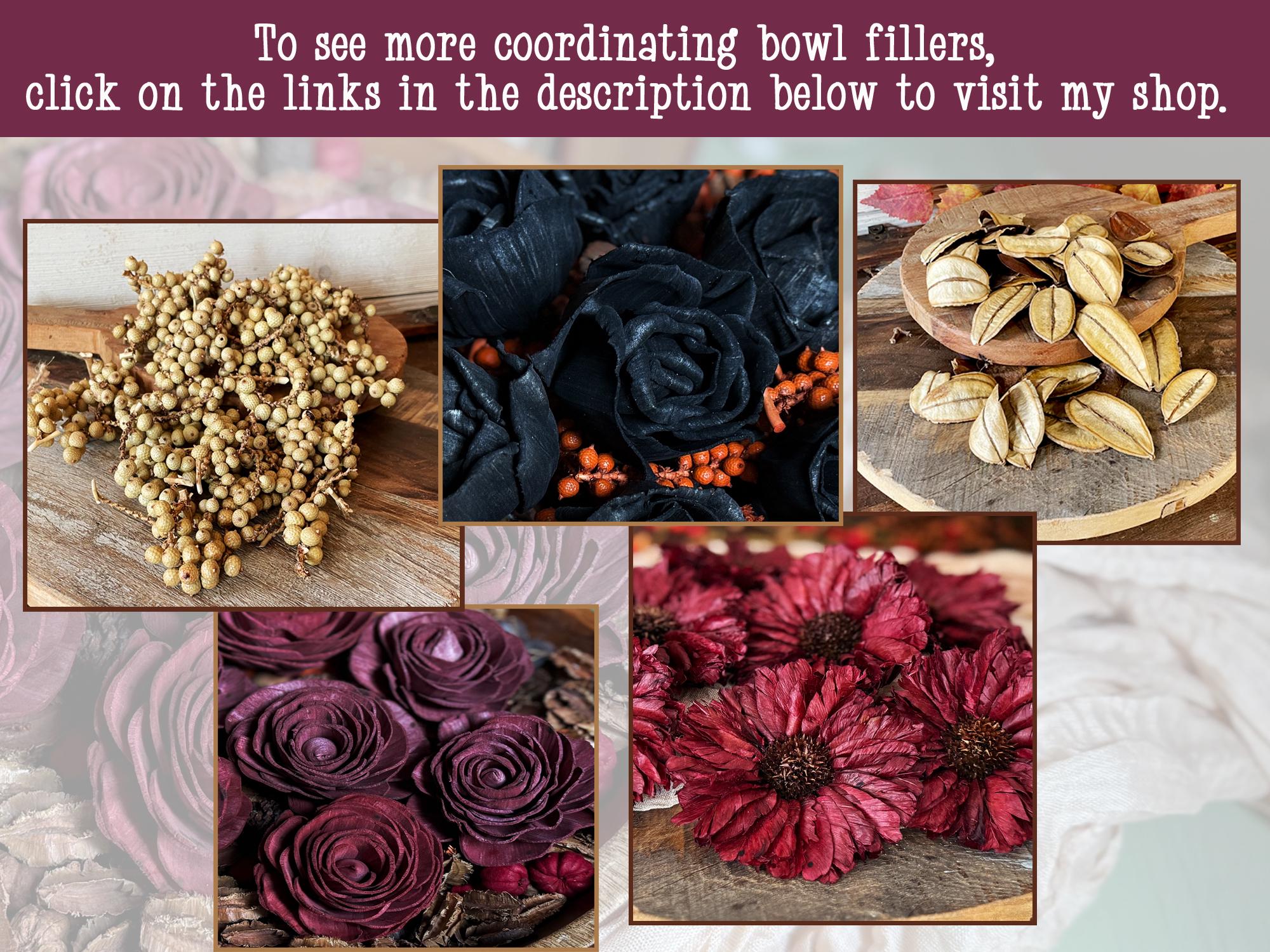 Collage of wood flowers and dried berries on wooden surfaces with a call to action for more products.