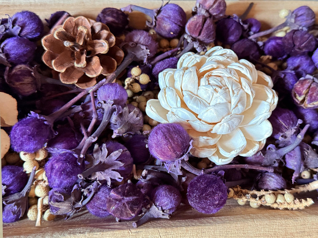 Whitewood  flower blossom among purple pods and brown dried flowers and pinecones on a wooden surface