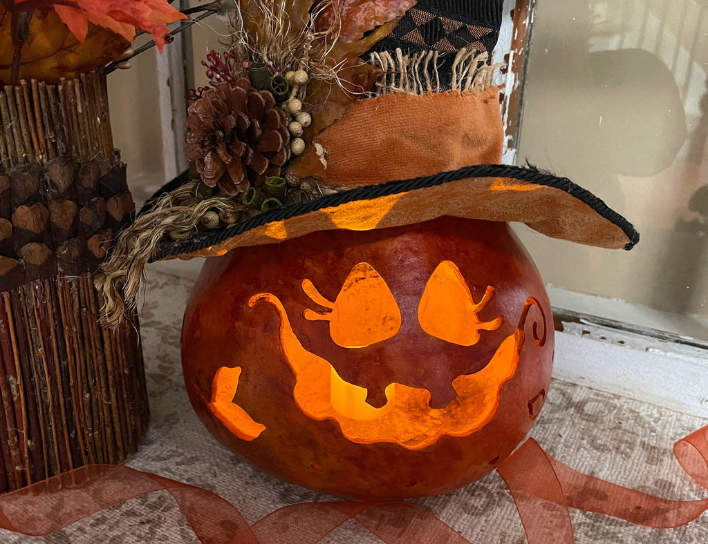 Elowin – Whimsical Witch Pumpkin Gourd Luminary | Handmade Halloween Decor