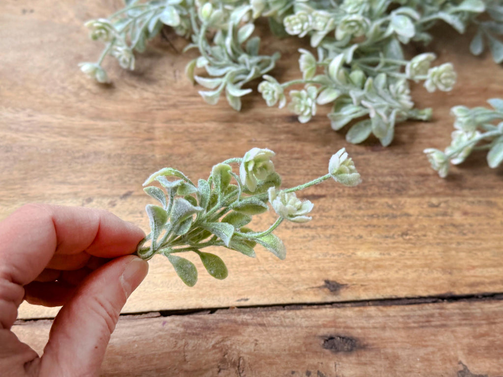 Hand holding a small branch of greenery on a wooden surface