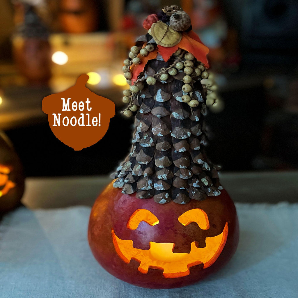 Pine cone on a carved pumpkin with 'Meet Noodle!' text, blurred background
