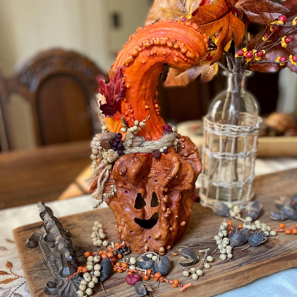 Unusual Halloween Pumpkin Decor With Candle, Fall Gourd, Autumn table decoration, Nature Inspired Decor, Unique fall collectible gourd gift