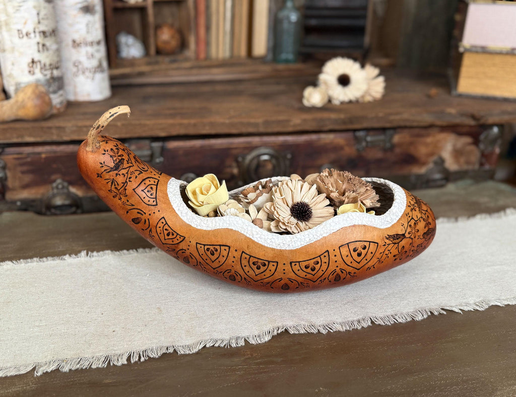 Boho Farmhouse Gourd Bowl – Handmade with Bird Artwork