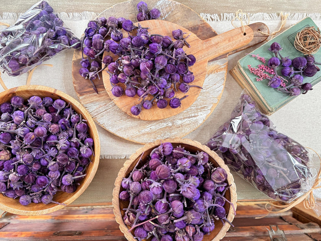 Round Purple dried pods in wooden bowls on a wooden surface