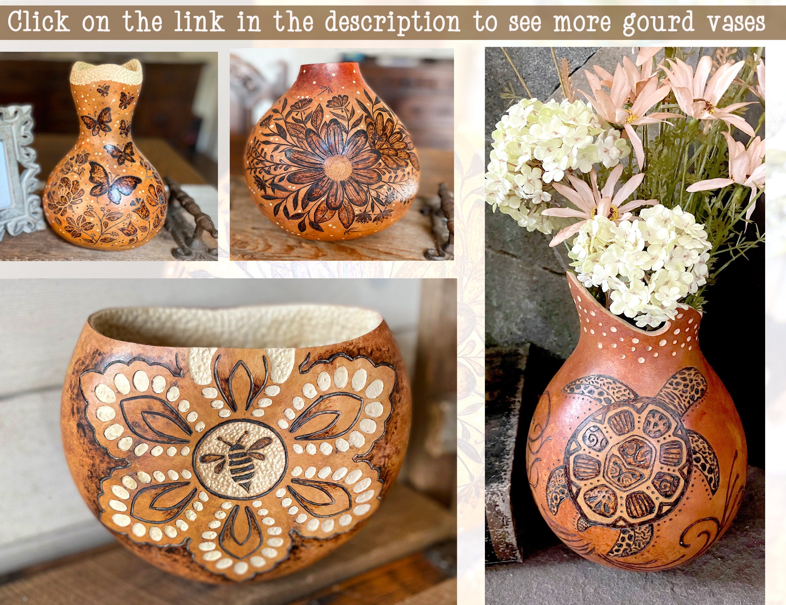 Collage of gourd vases with floral arrangements, featuring intricate designs.