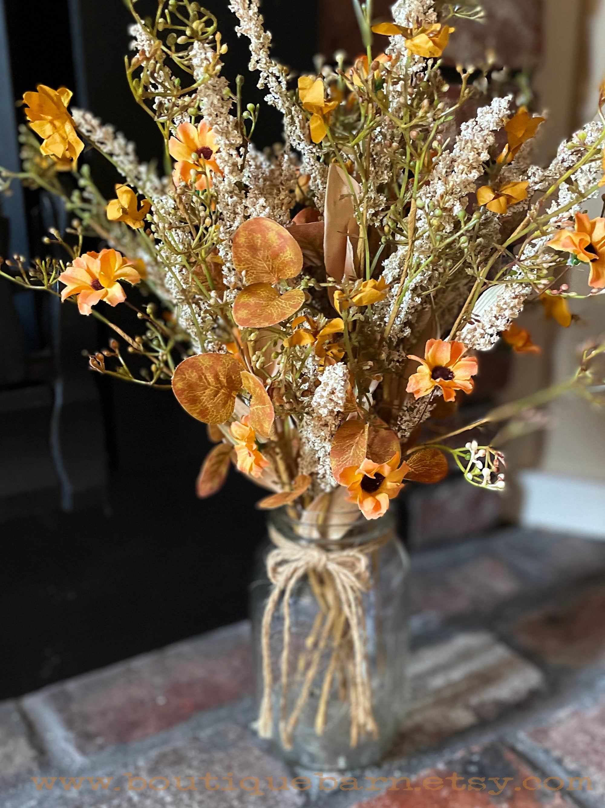 Faux Flowers, Wildflower Spray With Gold Daisies and Heather, Artificial Flowers For Your Rustic Centerpiece, Fall Foliage Arrangement