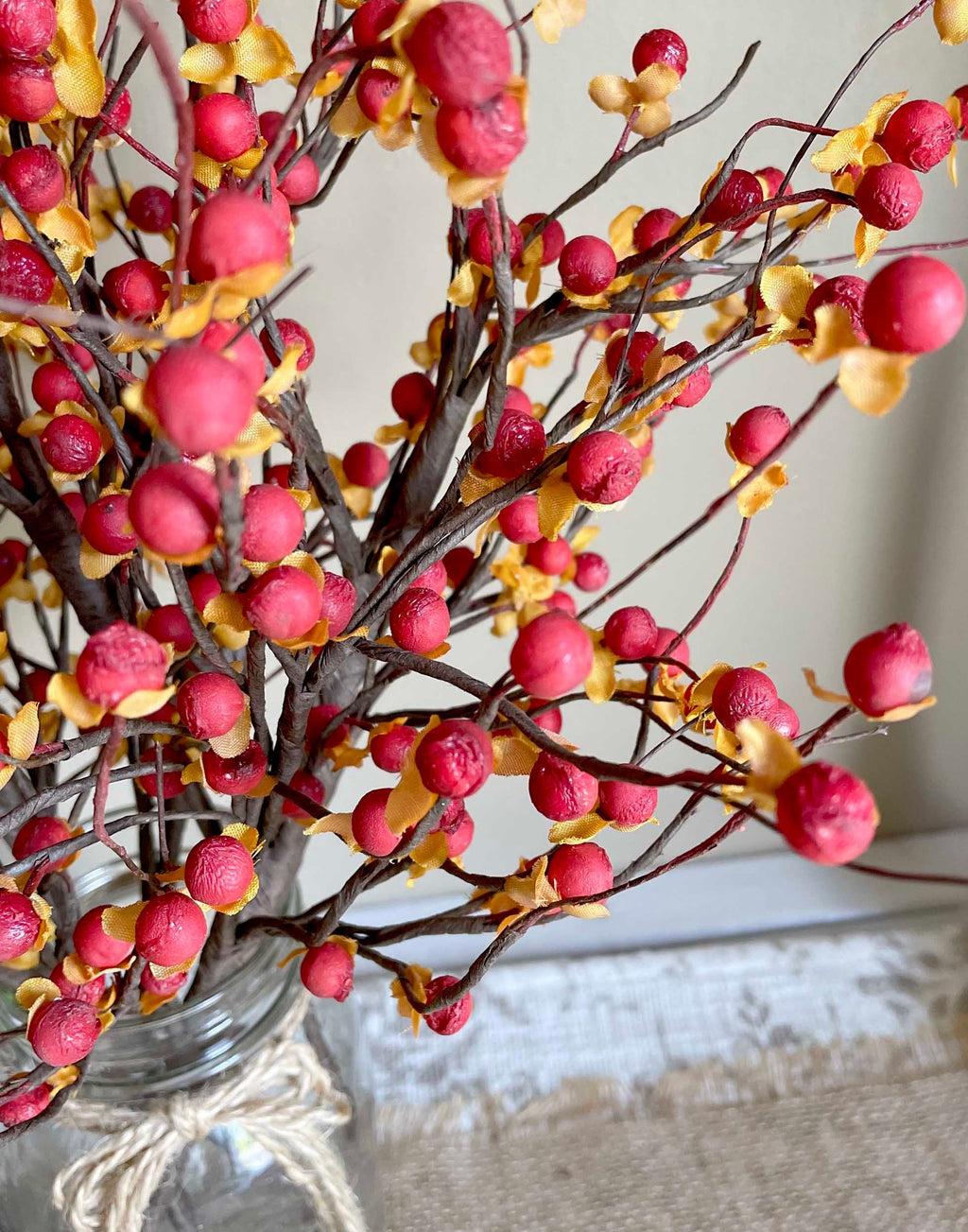 Decorative arrangement of red and yellow berries in a glass jar with twine, on a neutral background.