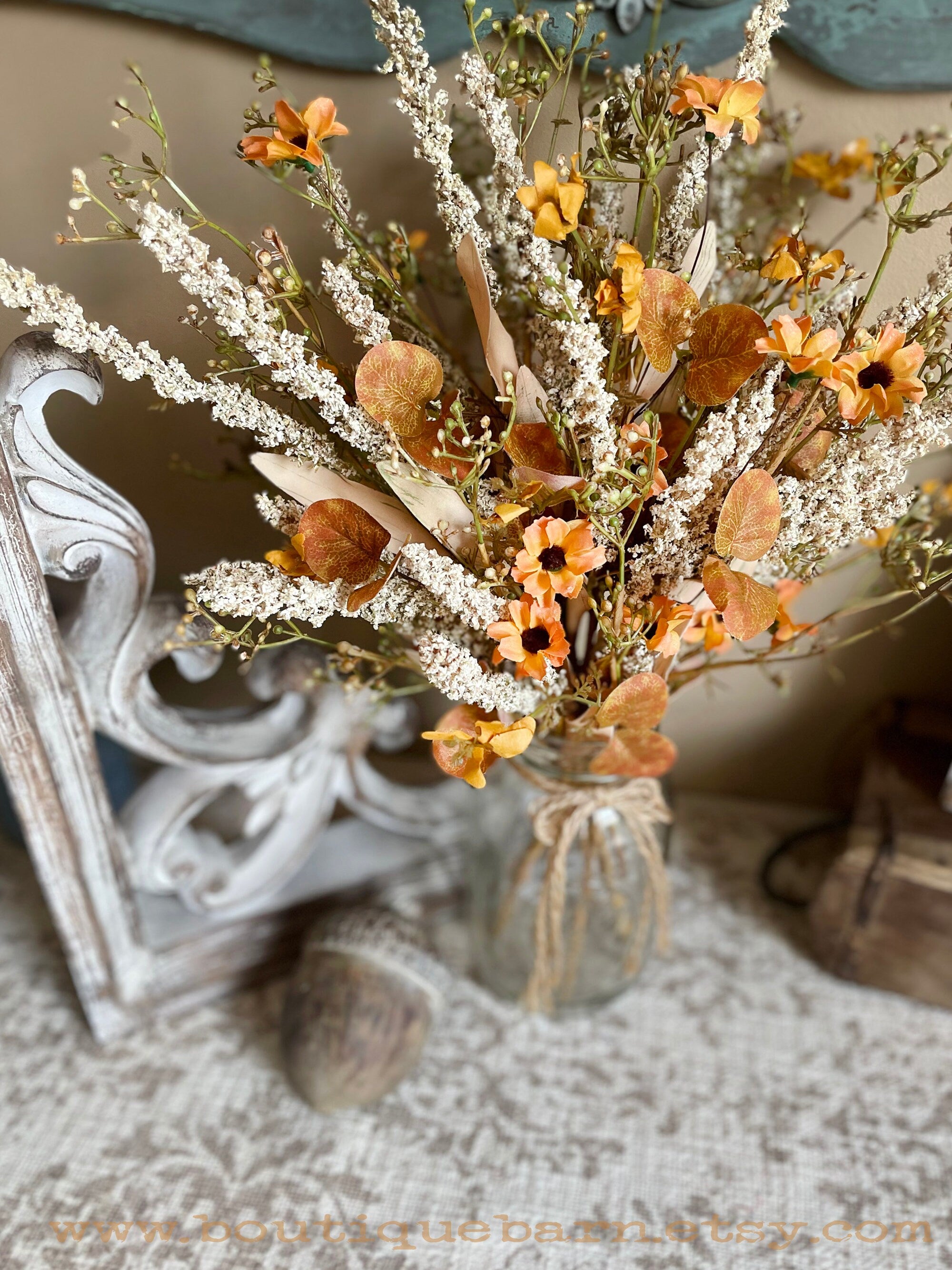 Faux Flowers, Wildflower Spray With Gold Daisies and Heather, Artificial Flowers For Your Rustic Centerpiece, Fall Foliage Arrangement