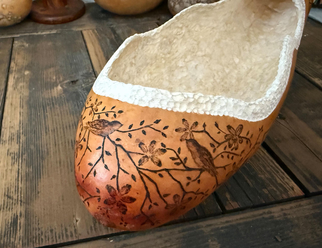 Boho Farmhouse Gourd Bowl – Handmade with Bird Artwork
