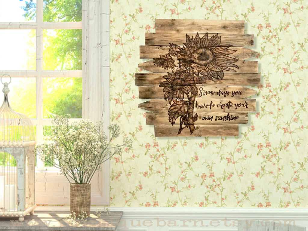 Sunflower Wall Art – Rustic Boho Wood Wall Hanging with “Create Your Own Sunshine” Quote