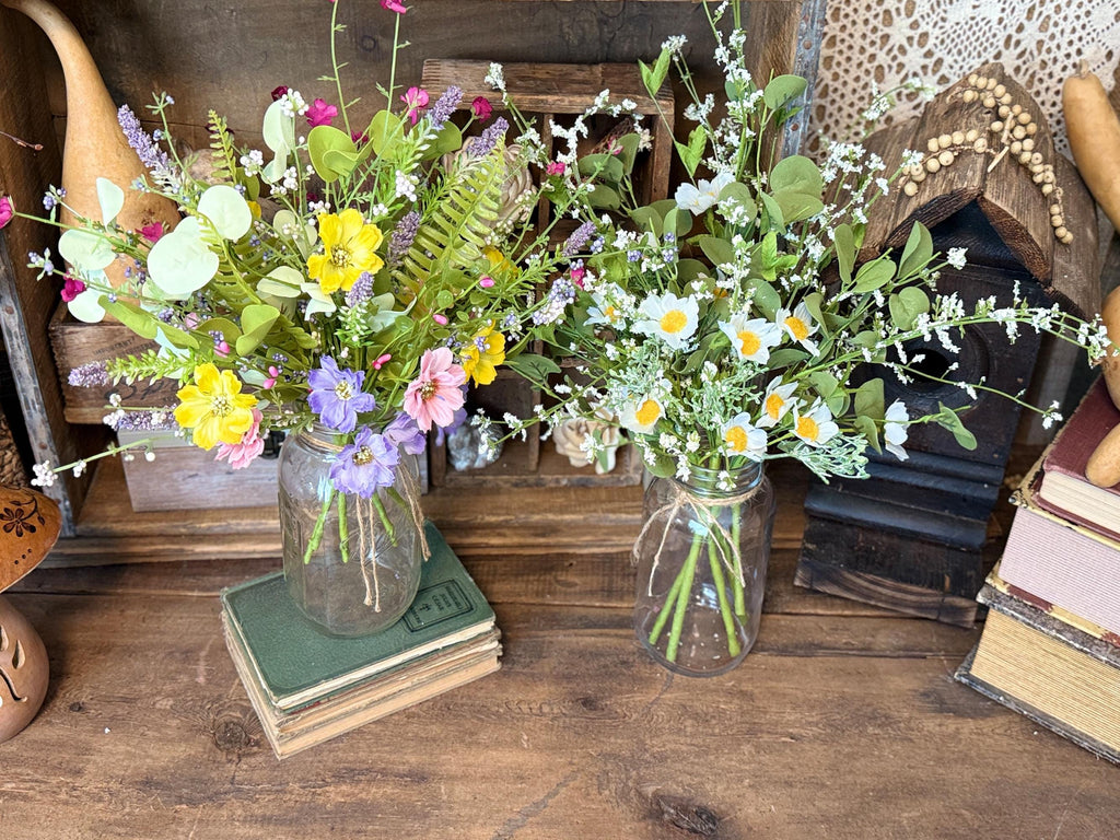 Faux Flowers For Vase Or Jar, Wildflower Bouquet, Flower Arrangement Gift For Mom, Rustic Table Dasiy Centerpiece, Farmhouse Flowers
