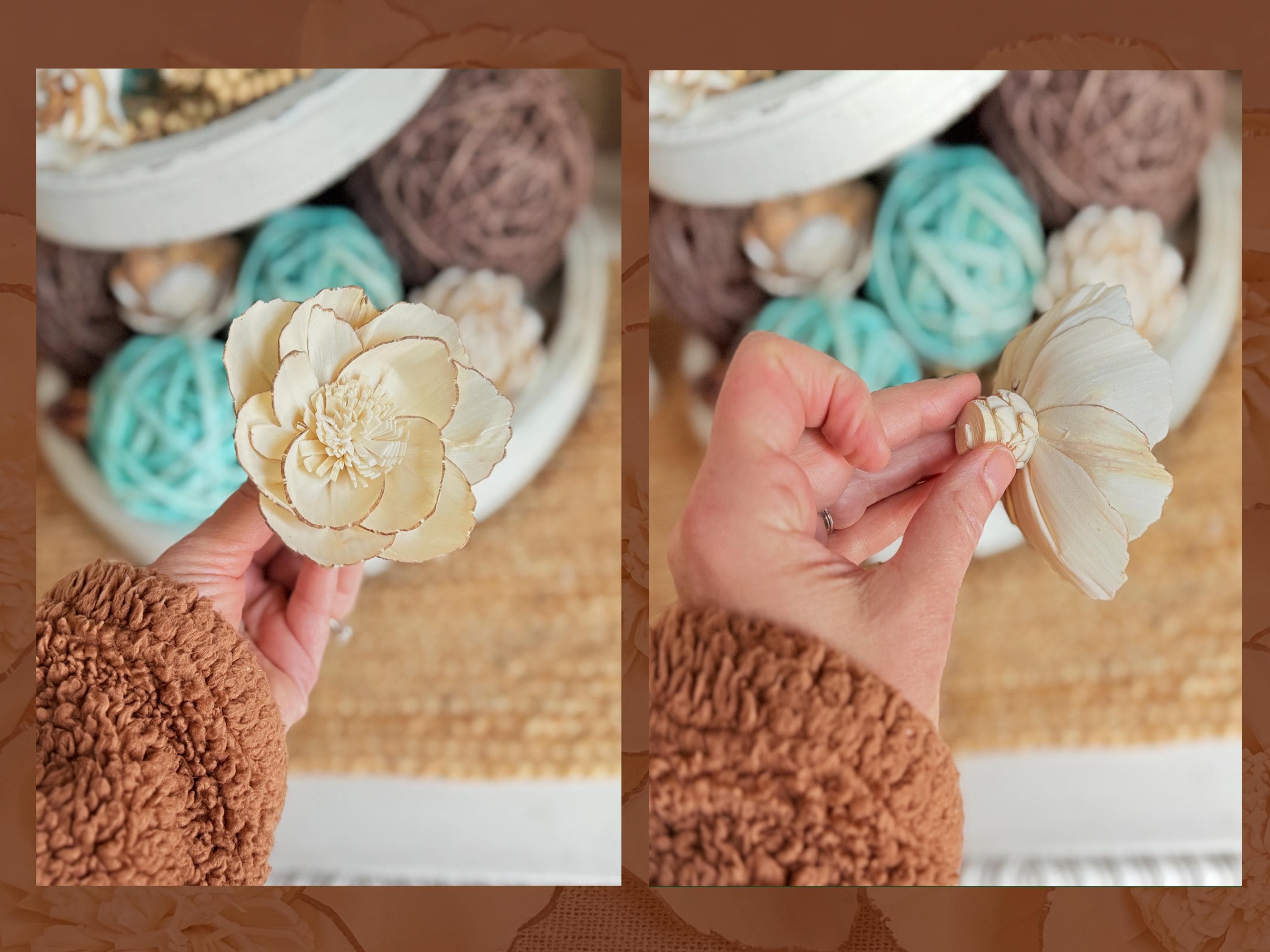 Hand holding a decorative flower with a background of textured fabric and a bowl.