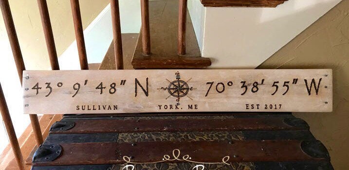 Wooden sign with coordinates and location text on a staircase background