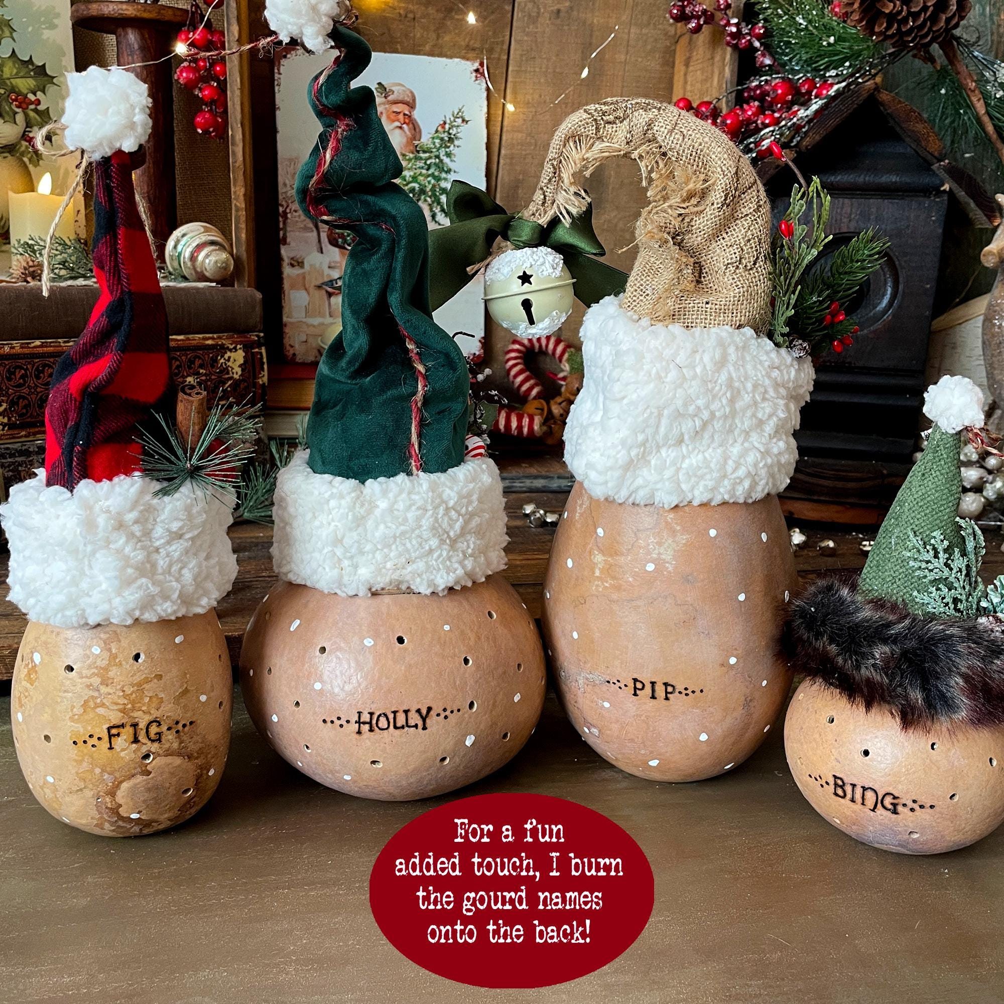 Decorative gourds with names on a rustic background
