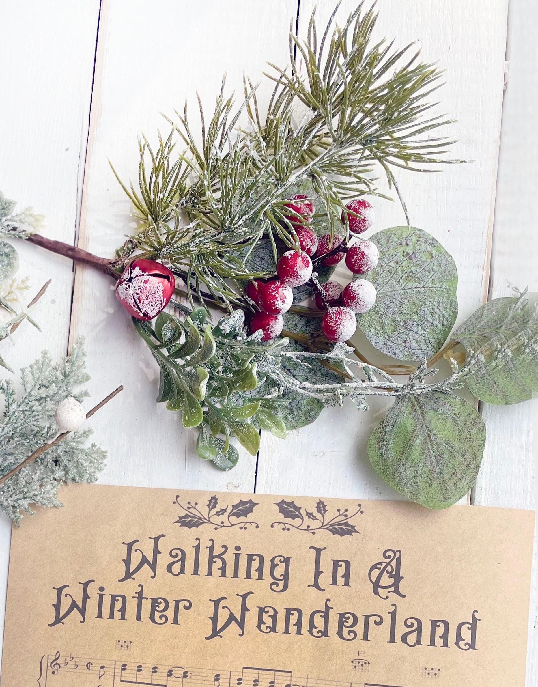 Decorative arrangement of greenery and berries with a 'Walking In A Winter Wonderland' sign on a white background