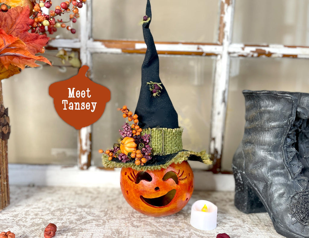 Decorative Halloween pumpkin with witch hat and autumn leaves on a rustic surface.