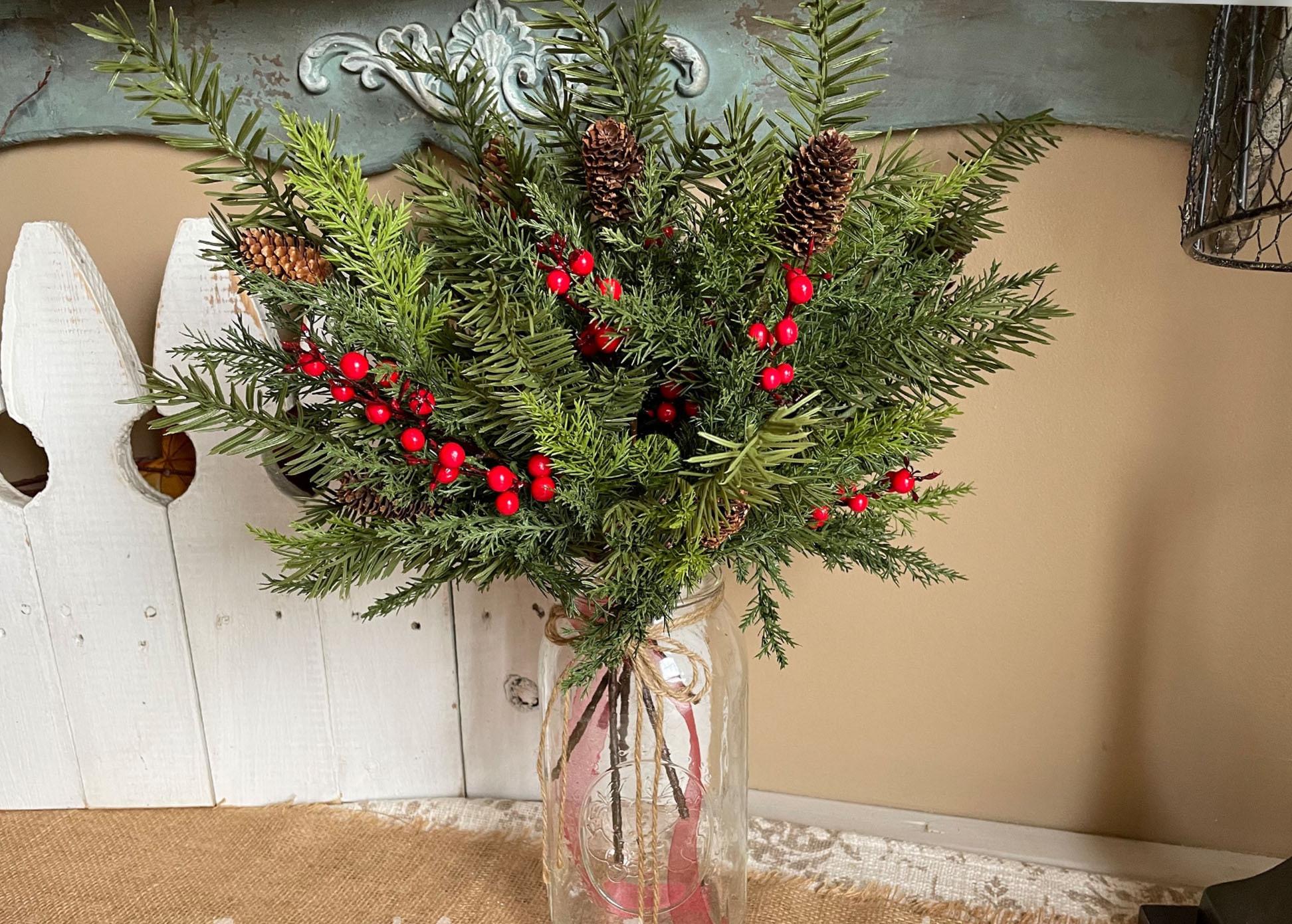 Real touch cedar greenery stems styled in farmhouse Christmas decor