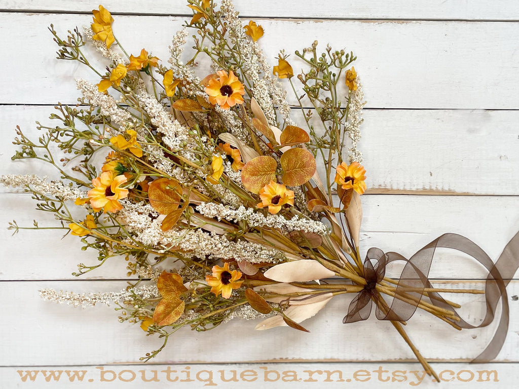 Faux Flowers, Wildflower Spray With Gold Daisies and Heather, Artificial Flowers For Your Rustic Centerpiece, Fall Foliage Arrangement