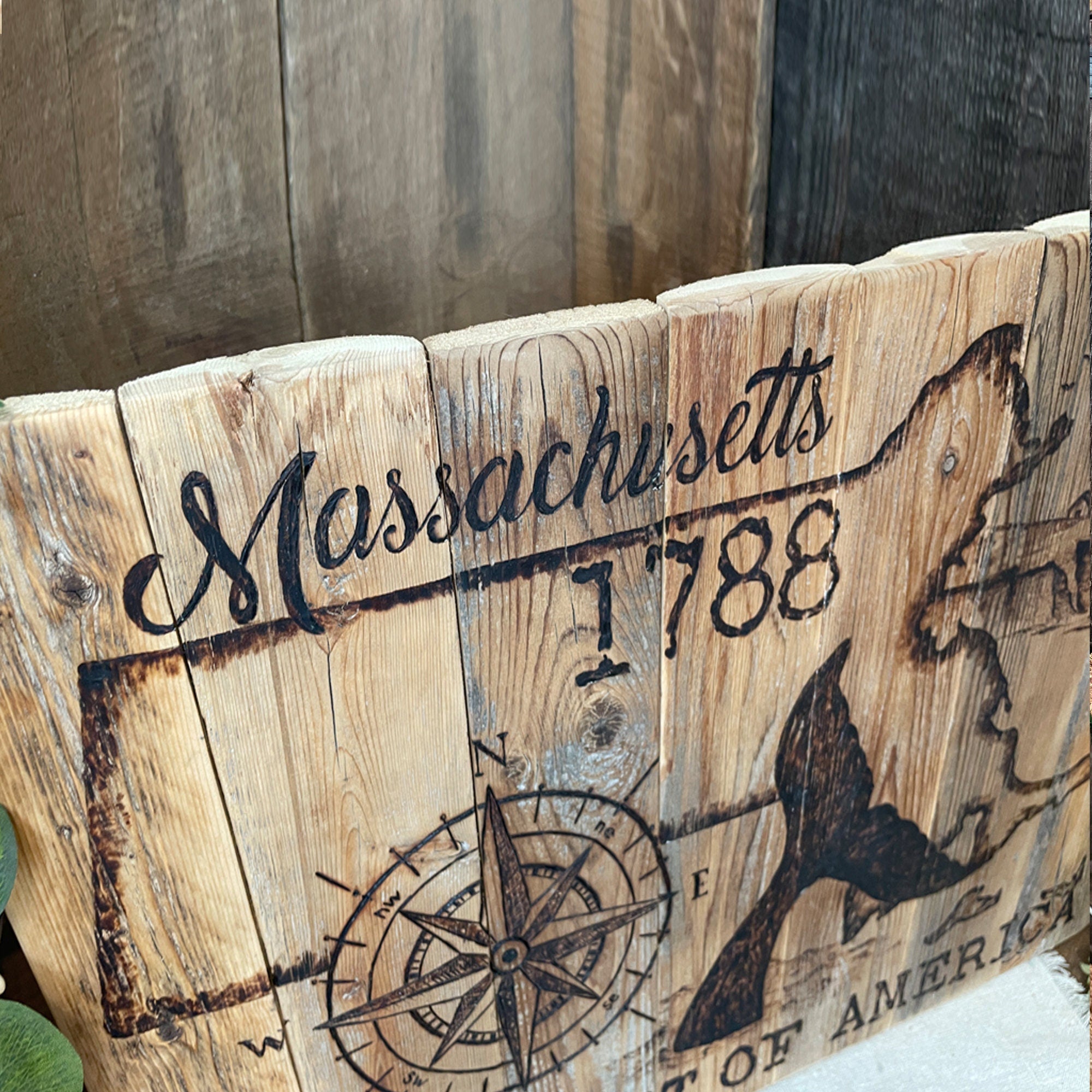 Rustic Massachusetts State Wall Art – Reclaimed Wood Map Decor