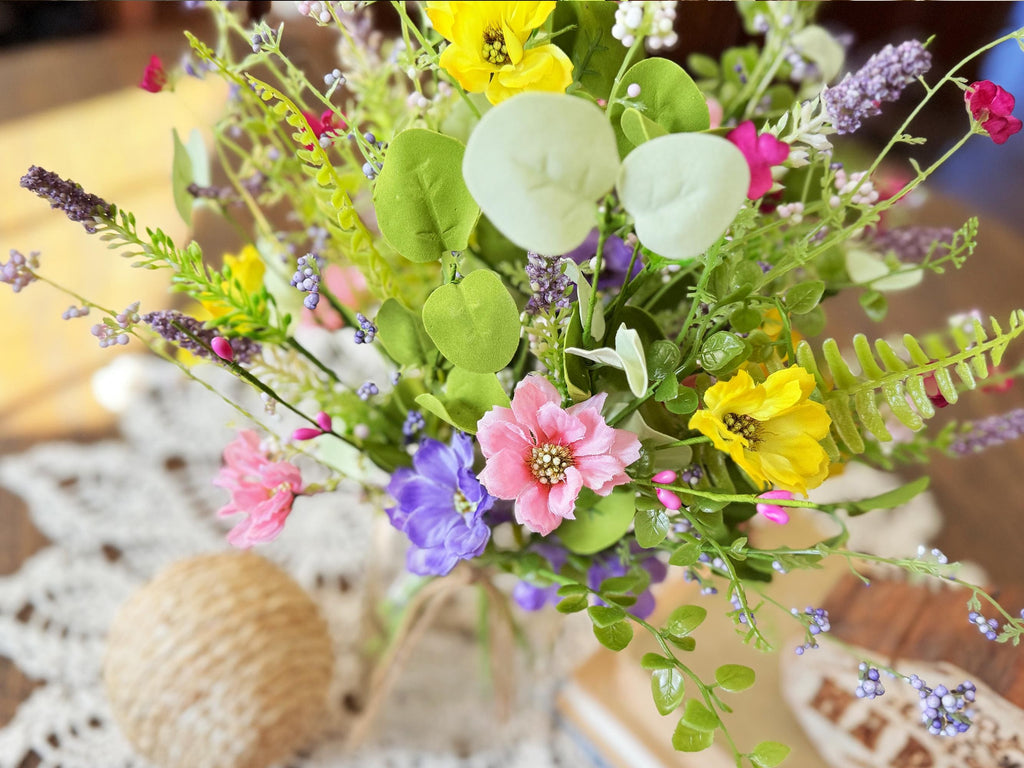 Multi-Color Faux Wildflower Bouquet – Lavender, Pink & Yellow Flowers